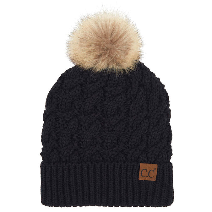 C.C Women's Cable Ribbed Beanie Natural Plush Faux Fur Pom Hat