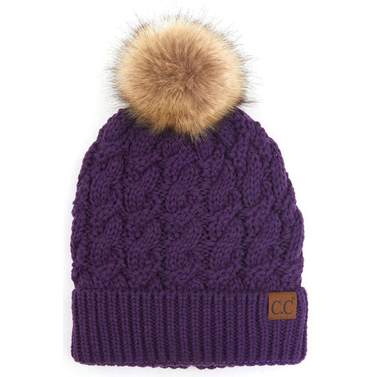 C.C Women's Cable Ribbed Beanie Natural Plush Faux Fur Pom Hat