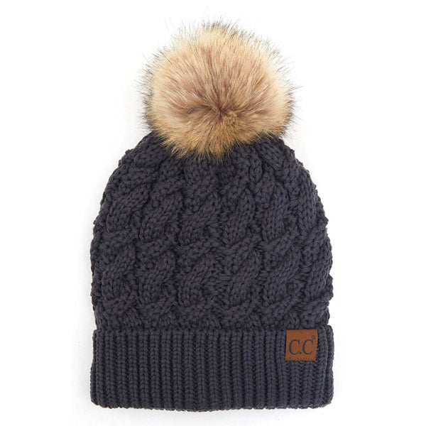 C.C Women's Cable Ribbed Beanie Natural Plush Faux Fur Pom Hat