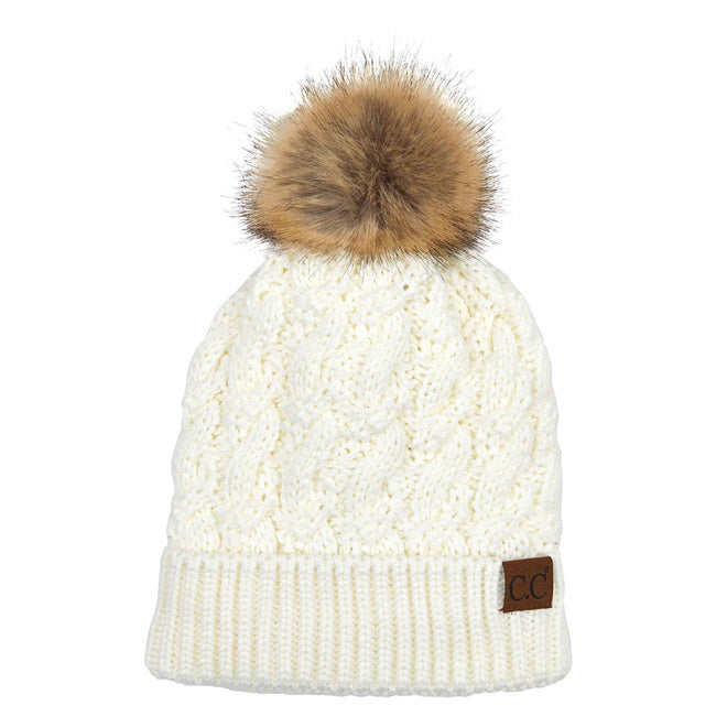 C.C Women's Cable Ribbed Beanie Natural Plush Faux Fur Pom Hat