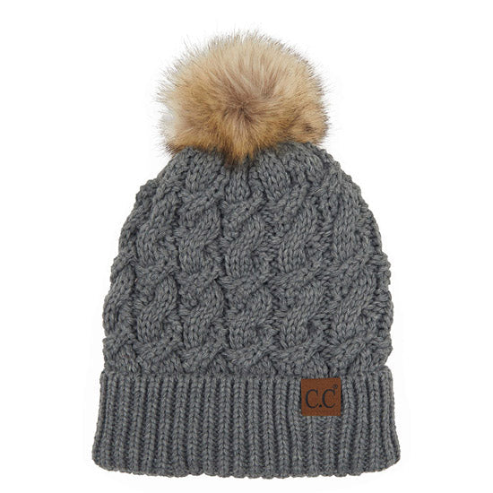 C.C Women's Cable Ribbed Beanie Natural Plush Faux Fur Pom Hat