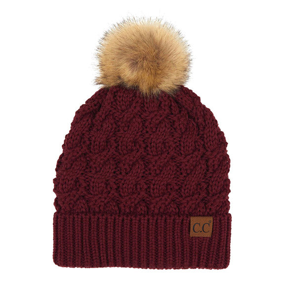 C.C Women's Cable Ribbed Beanie Natural Plush Faux Fur Pom Hat