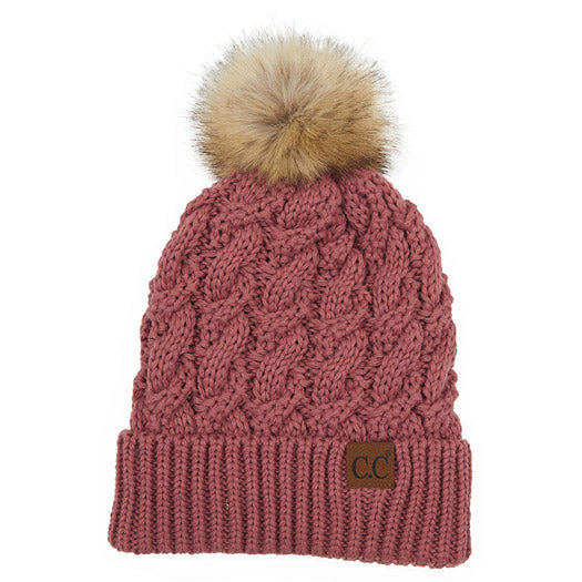 C.C Women's Cable Ribbed Beanie Natural Plush Faux Fur Pom Hat