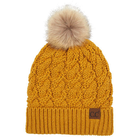C.C Women's Cable Ribbed Beanie Natural Plush Faux Fur Pom Hat