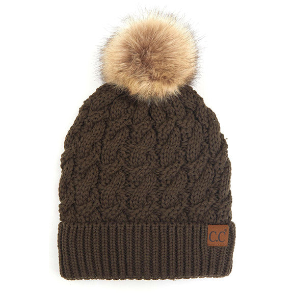 C.C Women's Cable Ribbed Beanie Natural Plush Faux Fur Pom Hat