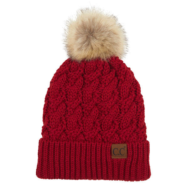 C.C Women's Cable Ribbed Beanie Natural Plush Faux Fur Pom Hat