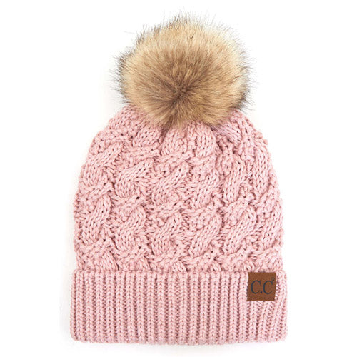 C.C Women's Cable Ribbed Beanie Natural Plush Faux Fur Pom Hat