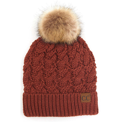 C.C Women's Cable Ribbed Beanie Natural Plush Faux Fur Pom Hat
