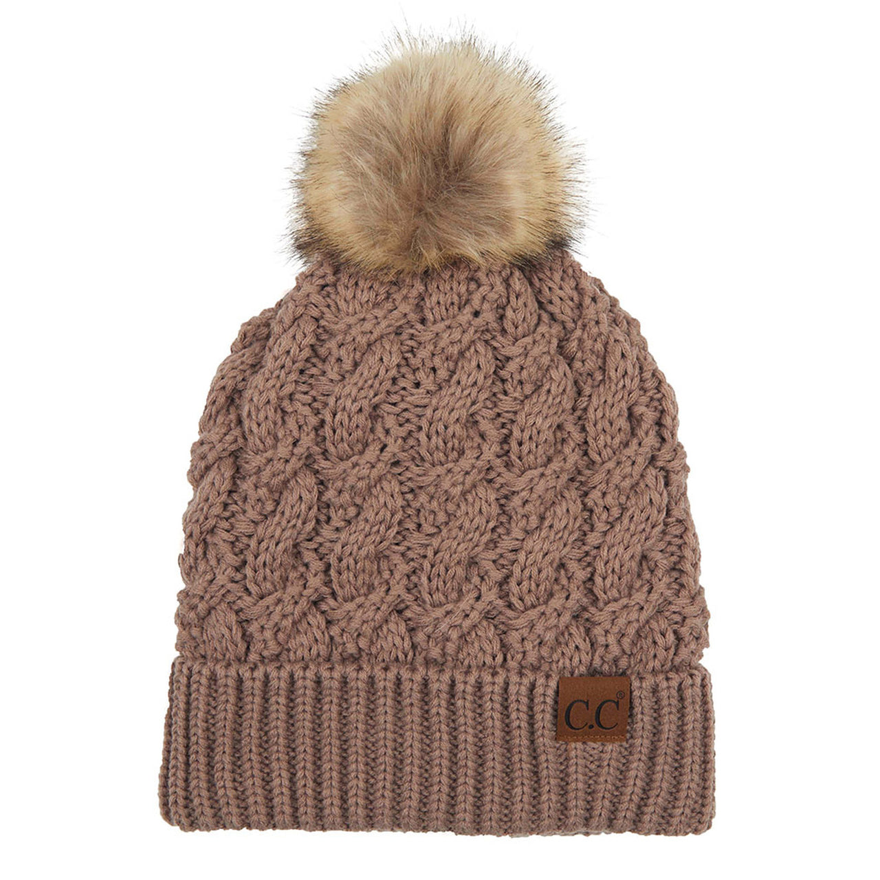 C.C Women's Cable Ribbed Beanie Natural Plush Faux Fur Pom Hat