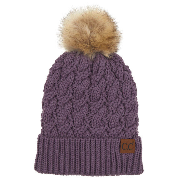 C.C Women's Cable Ribbed Beanie Natural Plush Faux Fur Pom Hat