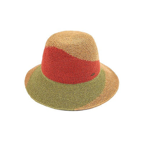 C.C Handmade Paper Crochet Cloche Summer Sun Hat Two-Tone Color Block Paper Hat Crochet Beach Hat