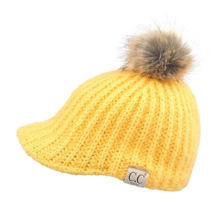 C.C Kids Cable Knitted Brim Beanie Faux Fur Pom Pom Hat