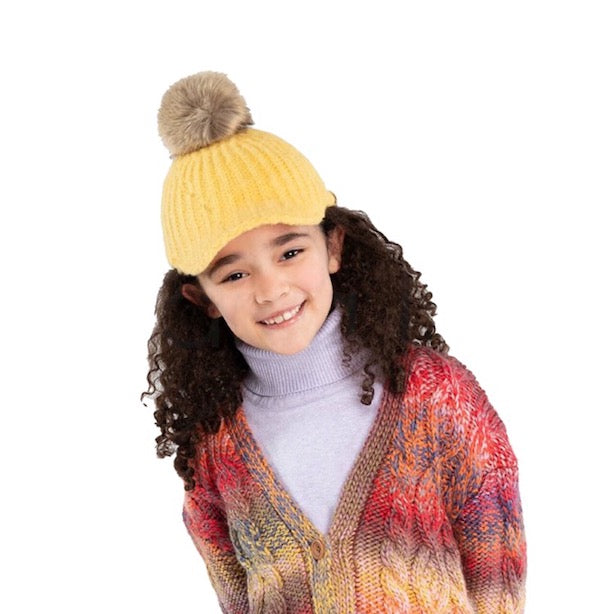 C.C Kids Cable Knitted Brim Beanie Faux Fur Pom Pom Hat