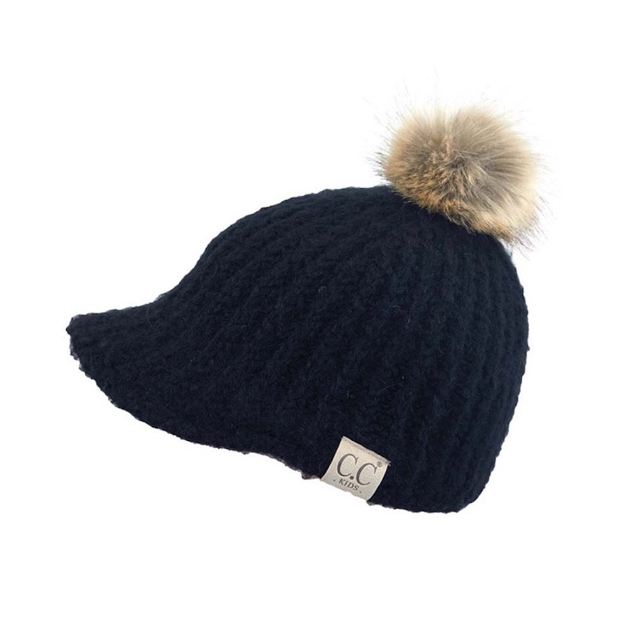 C.C Kids Cable Knitted Brim Beanie Faux Fur Pom Pom Hat