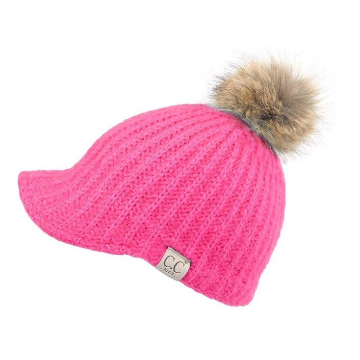 C.C Kids Cable Knitted Brim Beanie Faux Fur Pom Pom Hat