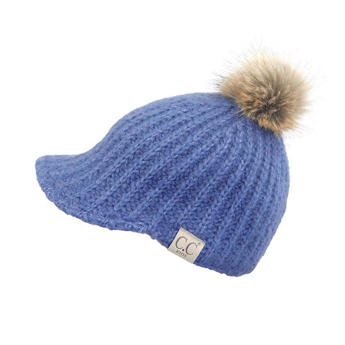 C.C Kids Cable Knitted Brim Beanie Faux Fur Pom Pom Hat