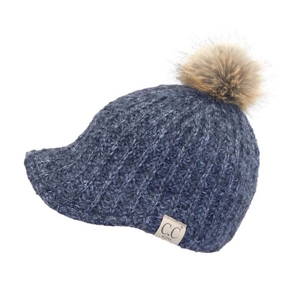 C.C Kids Cable Knitted Brim Beanie Faux Fur Pom Pom Hat