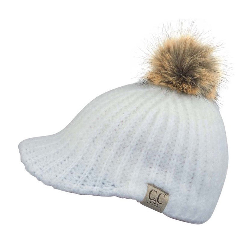 C.C Kids Cable Knitted Brim Beanie Faux Fur Pom Pom Hat