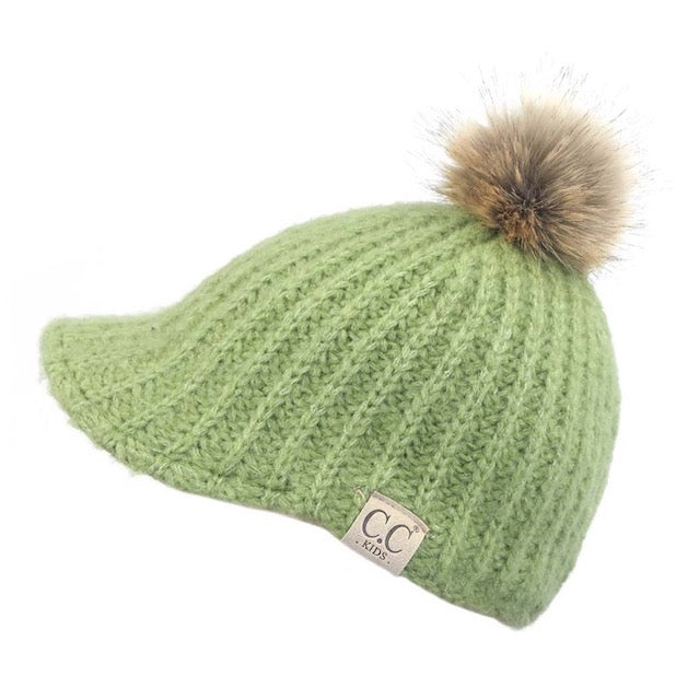 C.C Kids Cable Knitted Brim Beanie Faux Fur Pom Pom Hat