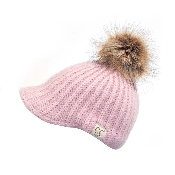 C.C Kids Cable Knitted Brim Beanie Faux Fur Pom Pom Hat