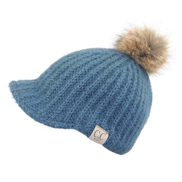 C.C Kids Cable Knitted Brim Beanie Faux Fur Pom Pom Hat