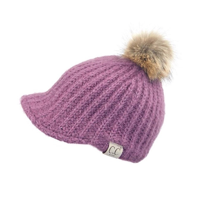 C.C Kids Cable Knitted Brim Beanie Faux Fur Pom Pom Hat