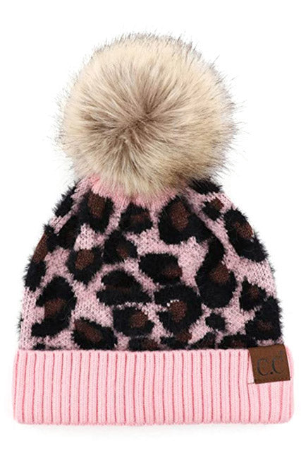 C.C Leopard Pattern Beanie Hat Plush Faux Fur Pom Pom Hat