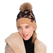 C.C Leopard Pattern Beanie Hat Plush Faux Fur Pom Pom Hat