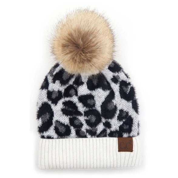 C.C Leopard Pattern Beanie Hat Plush Faux Fur Pom Pom Hat