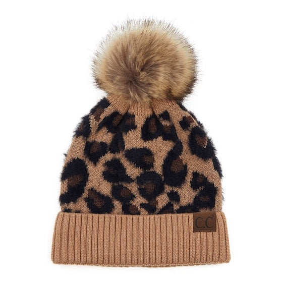 C.C Leopard Pattern Beanie Hat Plush Faux Fur Pom Pom Hat