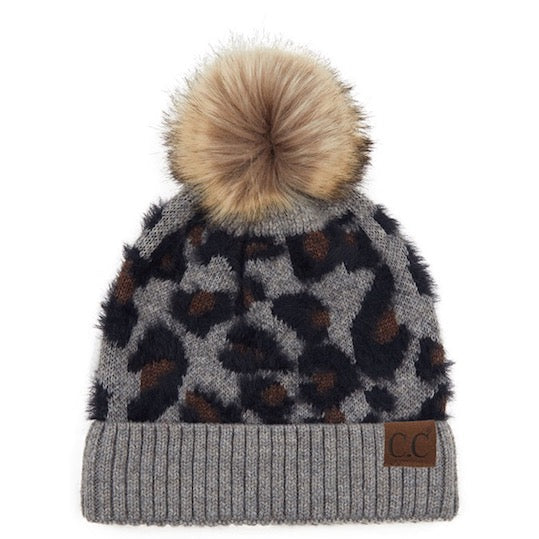 C.C Leopard Pattern Beanie Hat Plush Faux Fur Pom Pom Hat