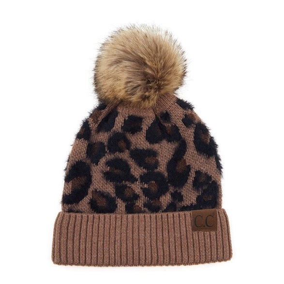 C.C Leopard Pattern Beanie Hat Plush Faux Fur Pom Pom Hat