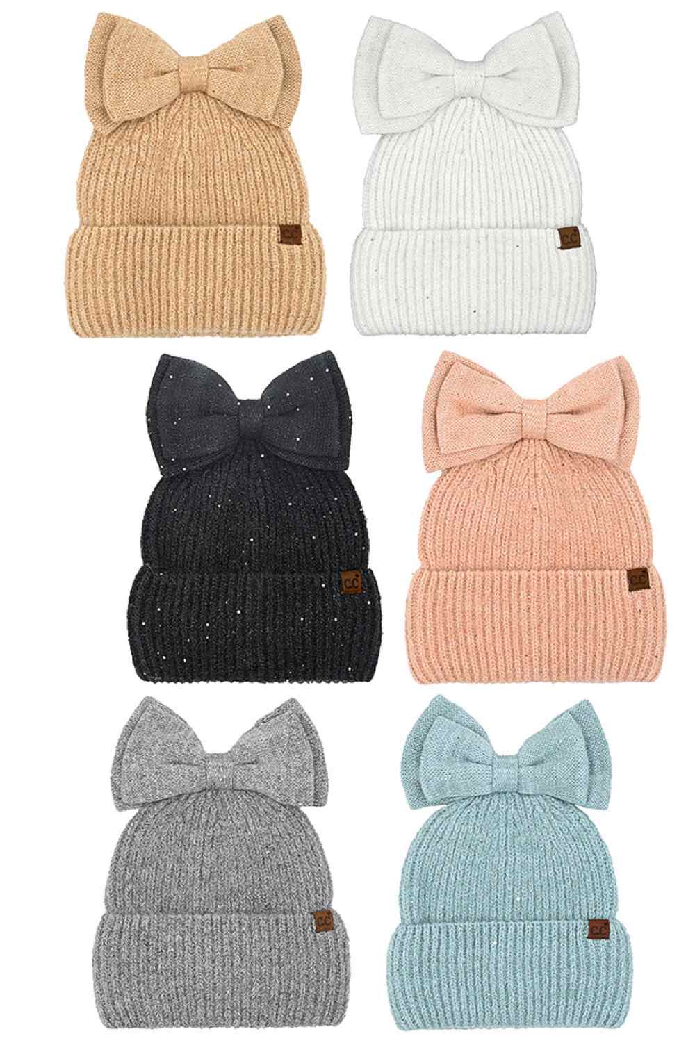 C.C Messy Bun Bow Beanie with Sequins Winter Hat