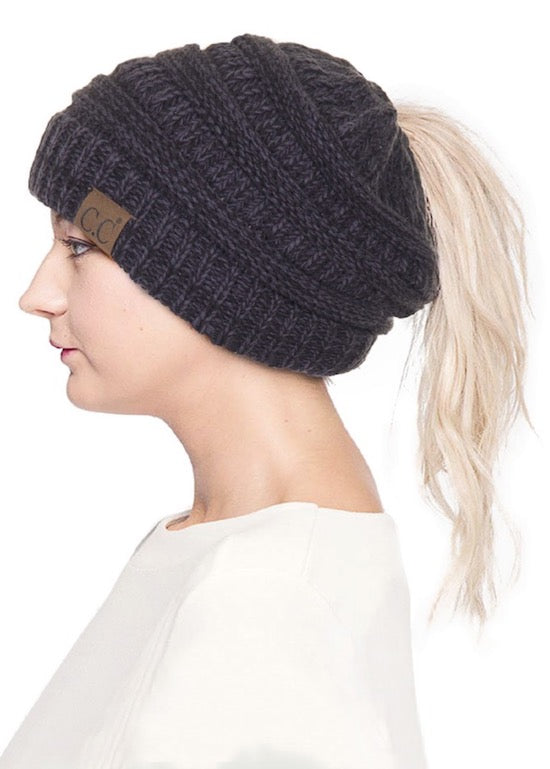 C.C Mixed Color Knitted Ponytail Beanie Winter Hat
