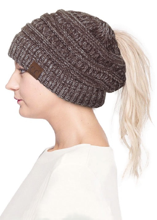 C.C Mixed Color Knitted Ponytail Beanie Winter Hat
