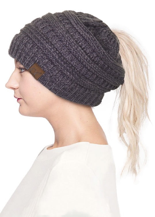 C.C Mixed Color Knitted Ponytail Beanie Winter Hat