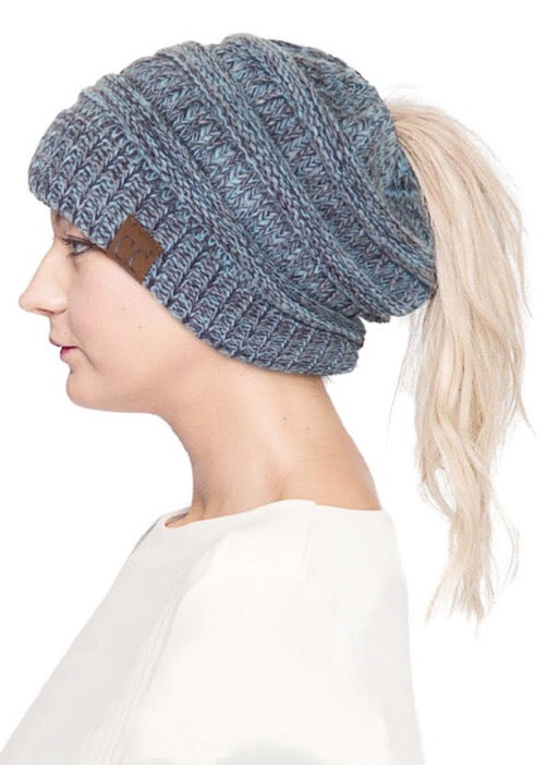 C.C Mixed Color Knitted Ponytail Beanie Winter Hat