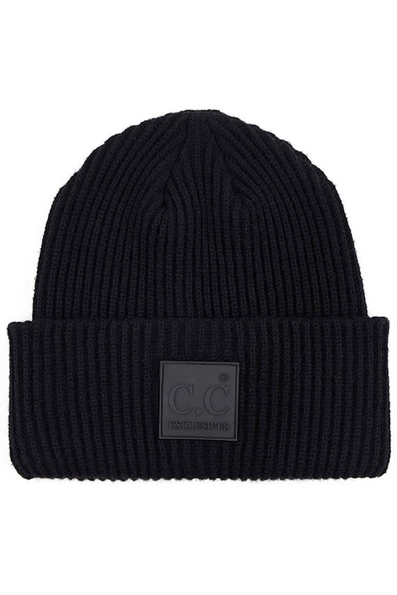 C.C Solid Ribbed Knit Detailed Beanie With Rubber Patch Hat