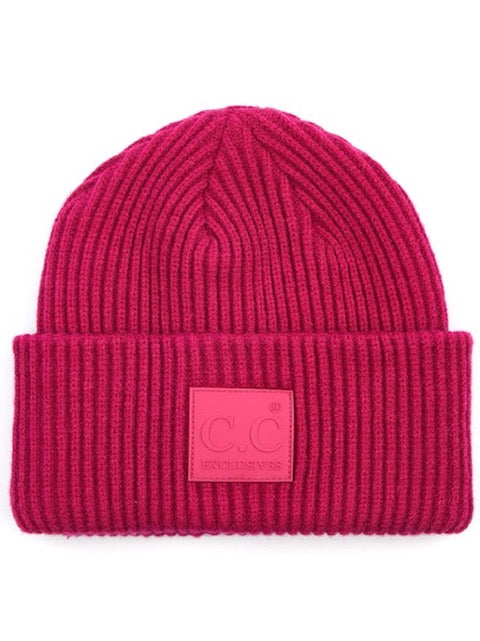 C.C Solid Ribbed Knit Detailed Beanie With Rubber Patch Hat