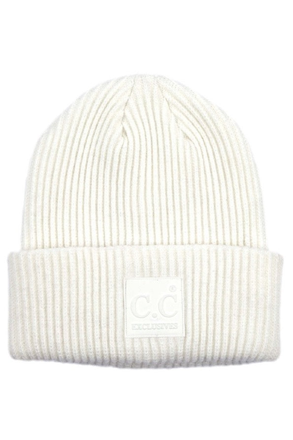 C.C Solid Ribbed Knit Detailed Beanie With Rubber Patch Hat