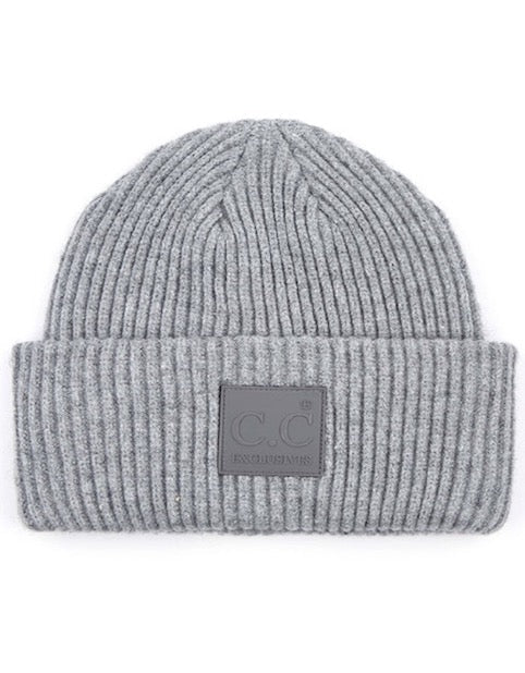 C.C Solid Ribbed Knit Detailed Beanie With Rubber Patch Hat