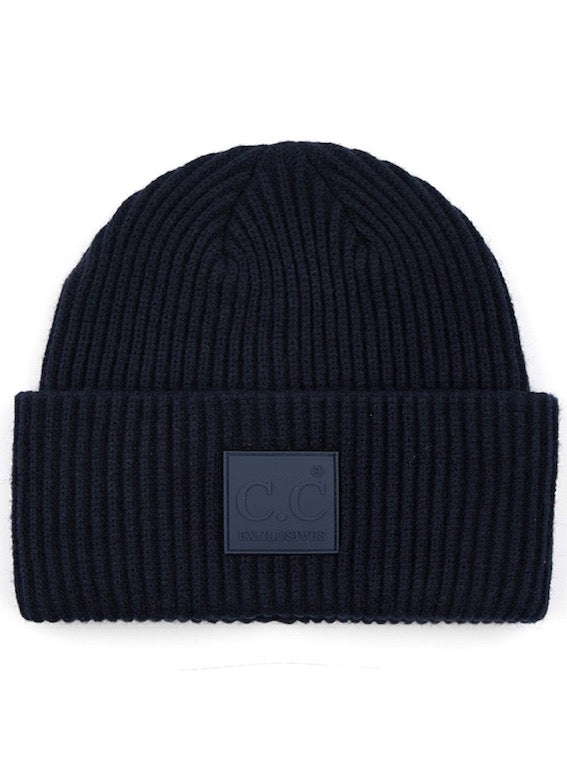 C.C Solid Ribbed Knit Detailed Beanie With Rubber Patch Hat