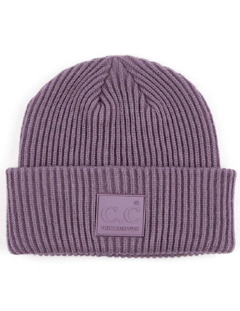 C.C Solid Ribbed Knit Detailed Beanie With Rubber Patch Hat
