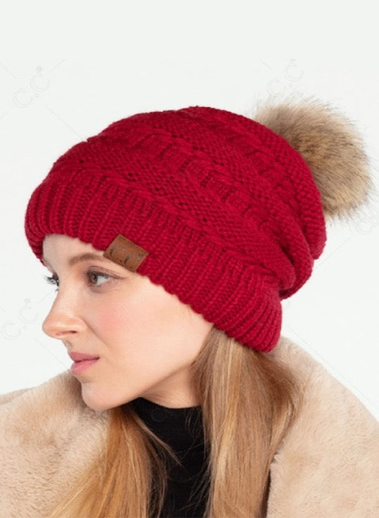 C.C Tilted Whip Stitch Slouch Beanie Faux Fur Pom Pom Hat