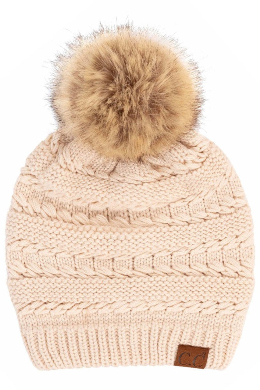 C.C Tilted Whip Stitch Slouch Beanie Faux Fur Pom Pom Hat