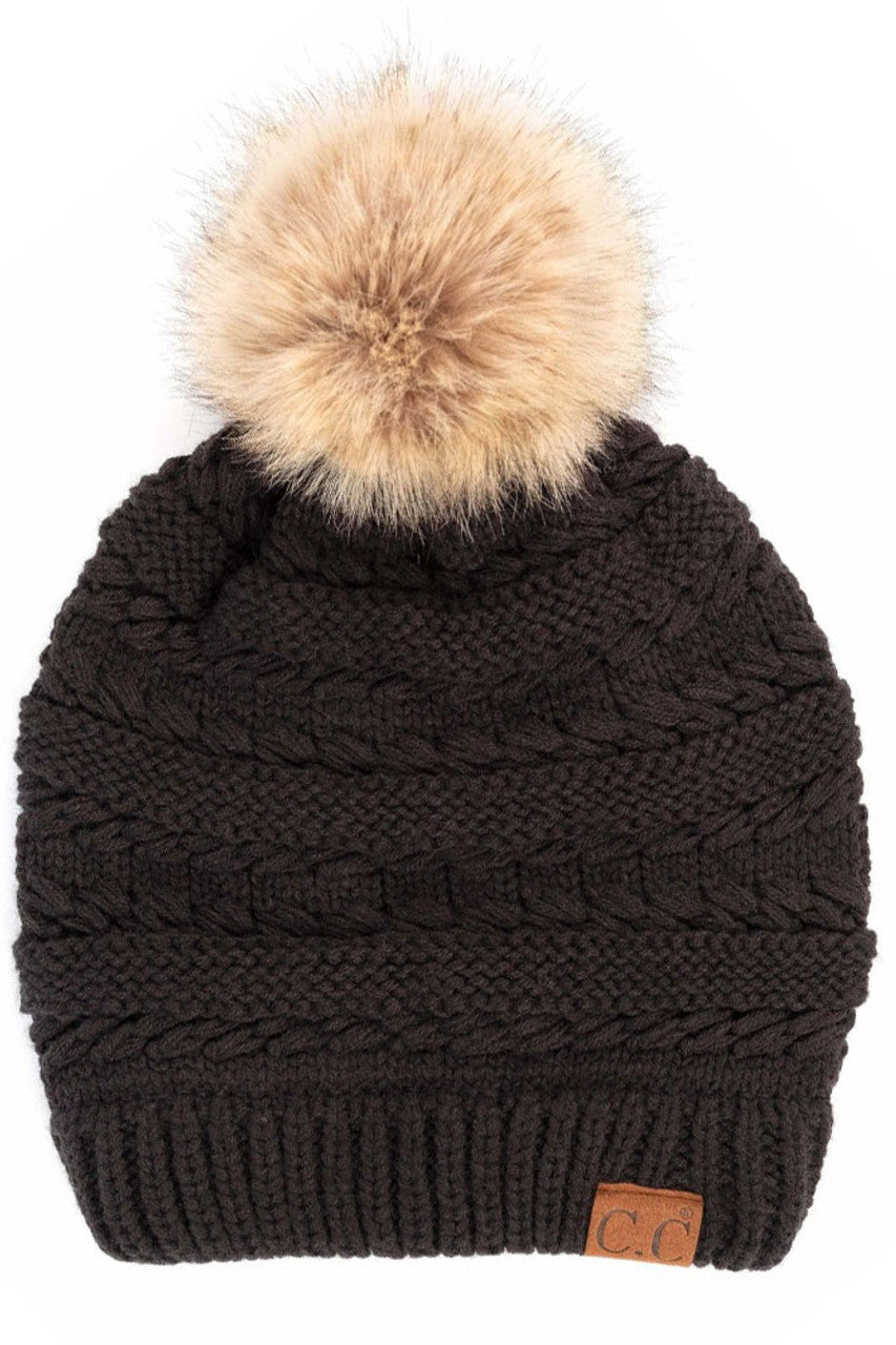 C.C Tilted Whip Stitch Slouch Beanie Faux Fur Pom Pom Hat