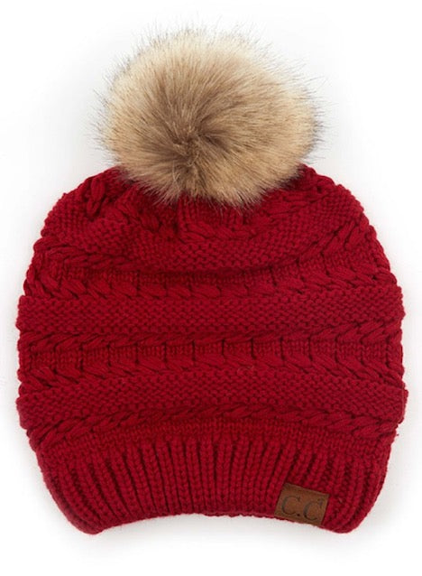 C.C Tilted Whip Stitch Slouch Beanie Faux Fur Pom Pom Hat