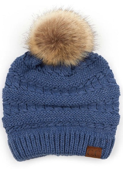 C.C Tilted Whip Stitch Slouch Beanie Faux Fur Pom Pom Hat