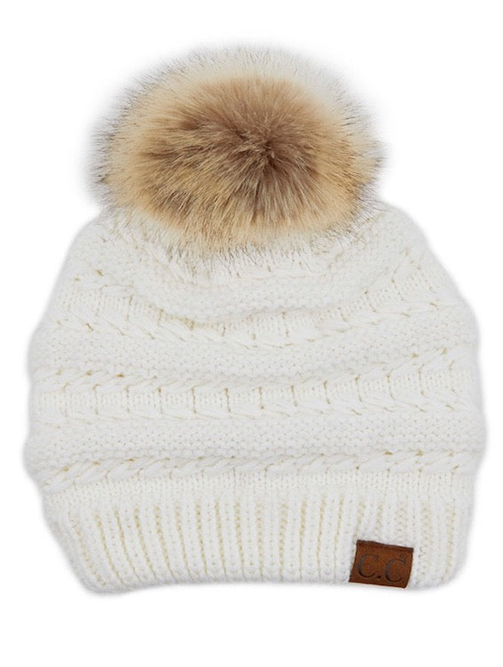 C.C Tilted Whip Stitch Slouch Beanie Faux Fur Pom Pom Hat