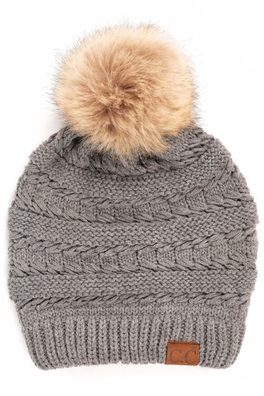 C.C Tilted Whip Stitch Slouch Beanie Faux Fur Pom Pom Hat